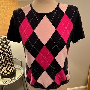 Brooks Brothers Navy and Pink Argyle Short Sleeve Sweater